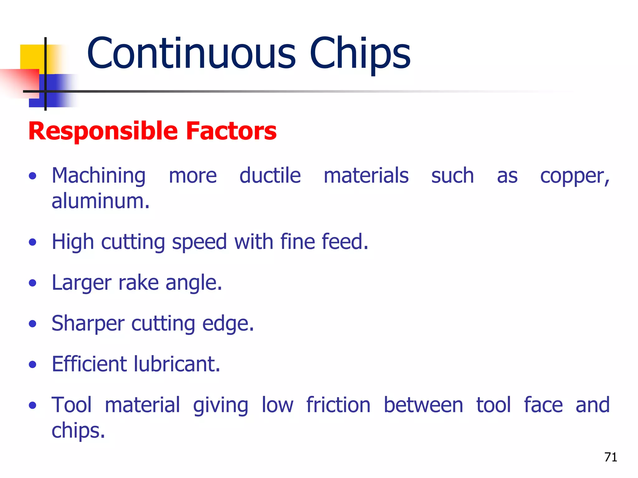 Continuous Chips
Responsible Factors
• Machining more ductile materials such as copper,
aluminum.
• High cutting speed with fine feed.
• Larger rake angle.
• Sharper cutting edge.
• Efficient lubricant.
• Tool material giving low friction between tool face and
chips.
71
 
