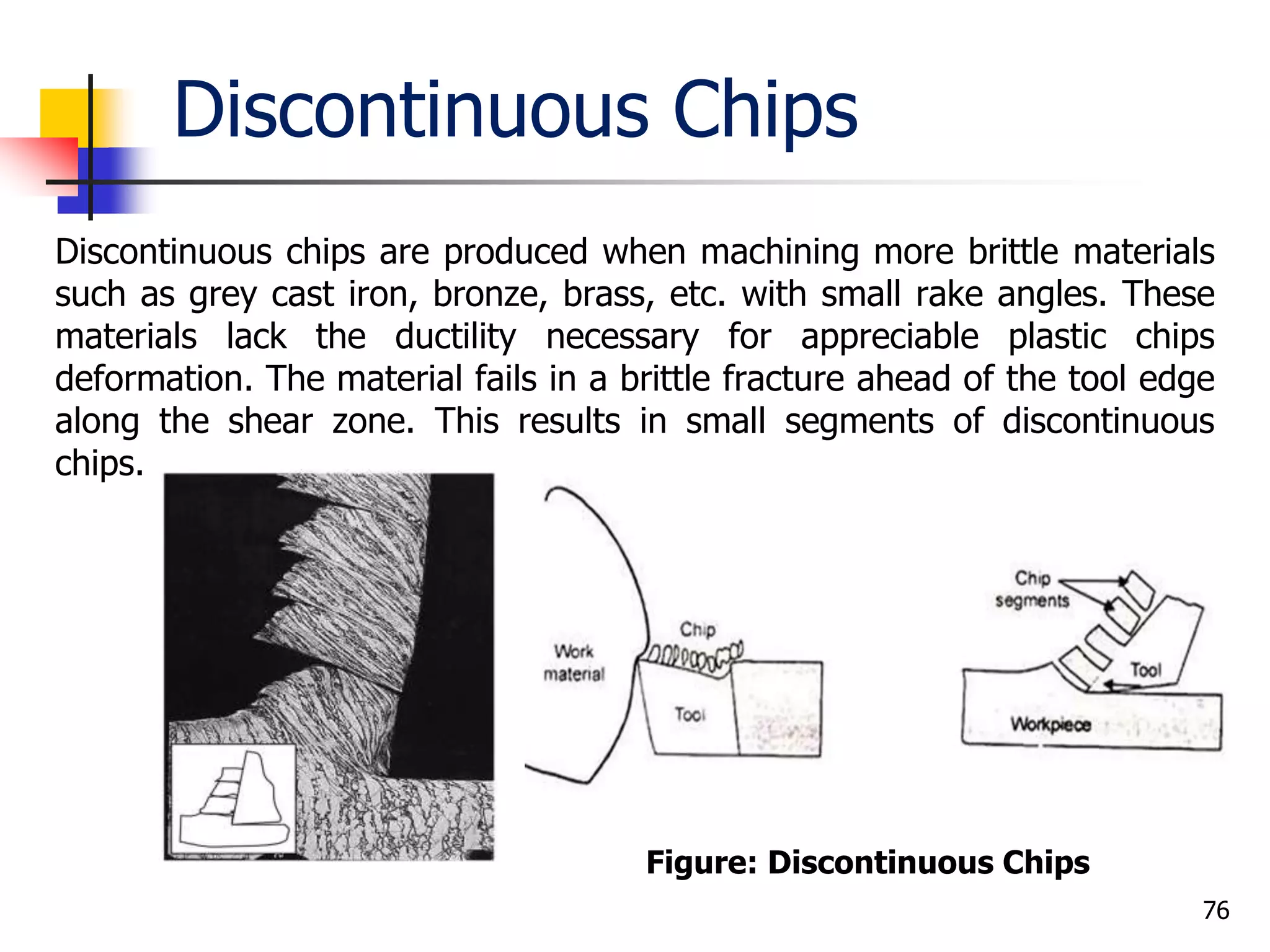 Discontinuous Chips
Discontinuous chips are produced when machining more brittle materials
such as grey cast iron, bronze, brass, etc. with small rake angles. These
materials lack the ductility necessary for appreciable plastic chips
deformation. The material fails in a brittle fracture ahead of the tool edge
along the shear zone. This results in small segments of discontinuous
chips.
76
Figure: Discontinuous Chips
 