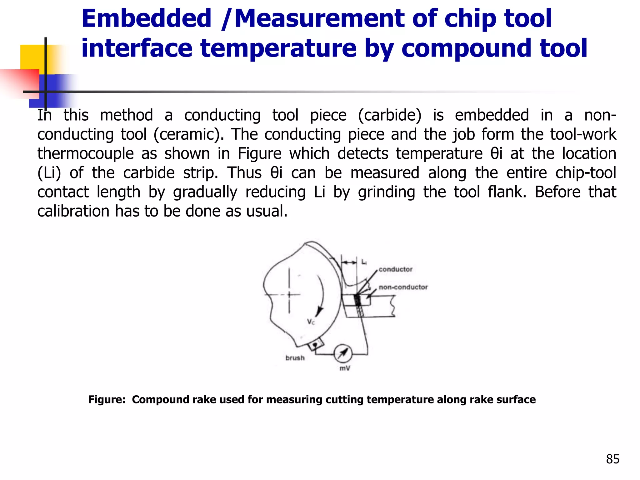 Embedded /Measurement of chip tool
interface temperature by compound tool
85
In this method a conducting tool piece (carbide) is embedded in a non-
conducting tool (ceramic). The conducting piece and the job form the tool-work
thermocouple as shown in Figure which detects temperature θi at the location
(Li) of the carbide strip. Thus θi can be measured along the entire chip-tool
contact length by gradually reducing Li by grinding the tool flank. Before that
calibration has to be done as usual.
Figure: Compound rake used for measuring cutting temperature along rake surface
 