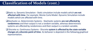 36
Static vs. Dynamic Simulation - Static simulation include models which are not
affected with time. For example: Monte Carlo Model. Dynamic Simulation include
models which are affected with time.
Stochastic vs. Deterministic Systems - Stochastic systems are not affected by
randomness and their output is not a random variable, whereas deterministic
systems are affected by randomness and their output is a random variable.
 Discrete vs. Continuous Systems - Discrete system is affected by the state variable
changes at a discrete point of time. Its behavior is depicted in the following graphical
representation.
Classification of Models (cont.)
 