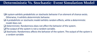 39
Deterministic Vs. Stochastic- Event Simulation Model
A system exhibits probabilistic or stochastic behavior if an element of chance exists.
Otherwise, it exhibits deterministic behavior.
 A probabilistic or stochastic model exhibits random effects, while a deterministic
model does not.
 Deterministic: Randomness does not affect the behavior of the system.
The output of the system is not a random variable.
 Stochastic: Randomness affects the behavior of the system. The output of the system is
a random variable
 