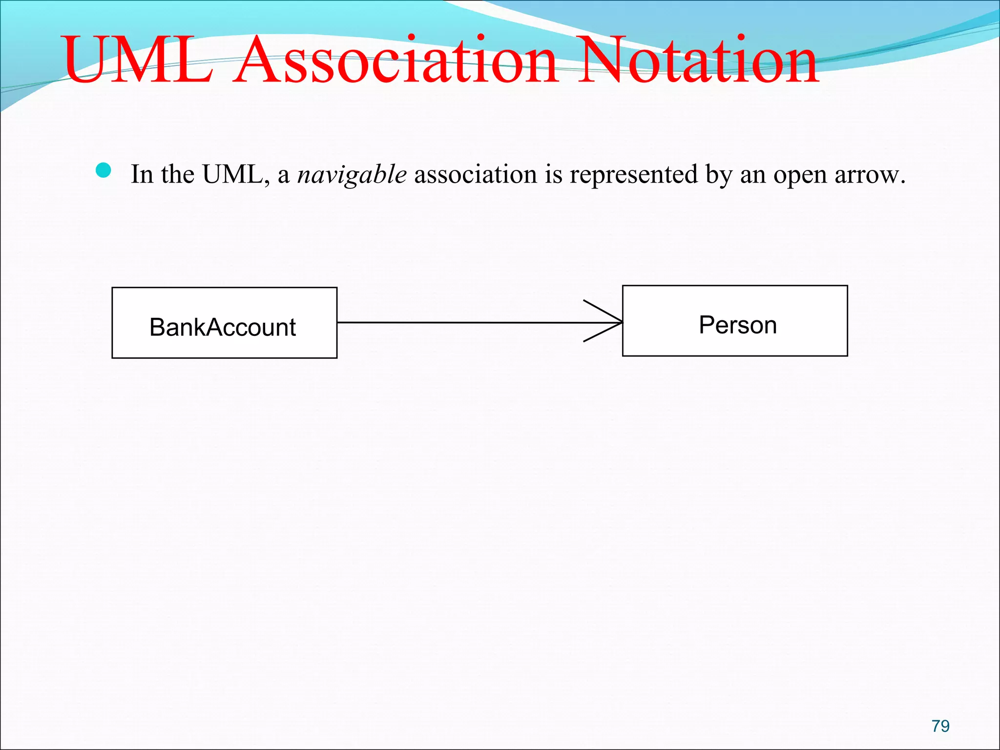 79
UML Association Notation
 In the UML, a navigable association is represented by an open arrow.
BankAccount Person
 
