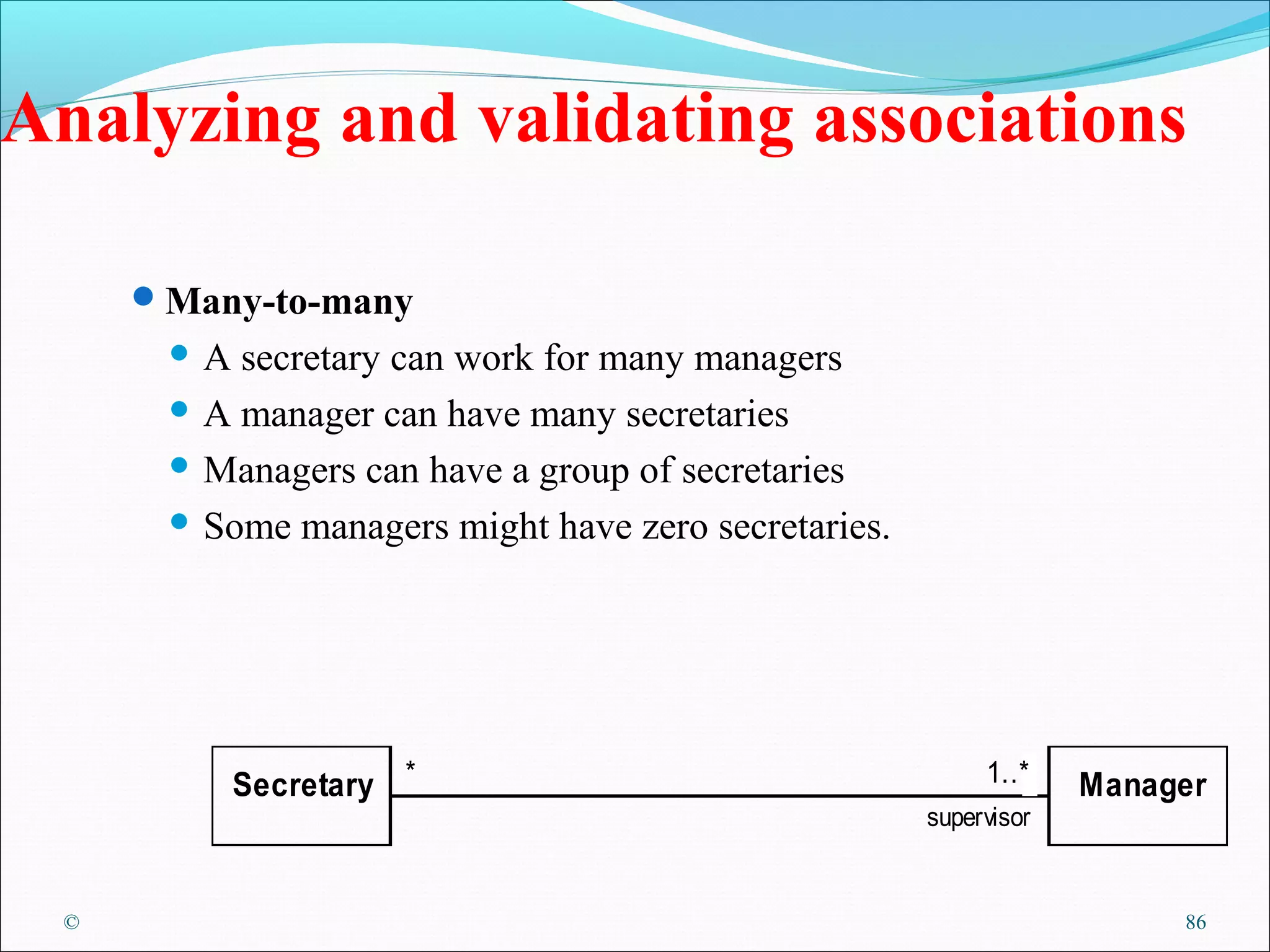 © 86
Analyzing and validating associations
Many-to-many
 A secretary can work for many managers
 A manager can have many secretaries
 Managers can have a group of secretaries
 Some managers might have zero secretaries.
*
supervisor
*
*
*
*
*
1..*
Secretary Manager
 
