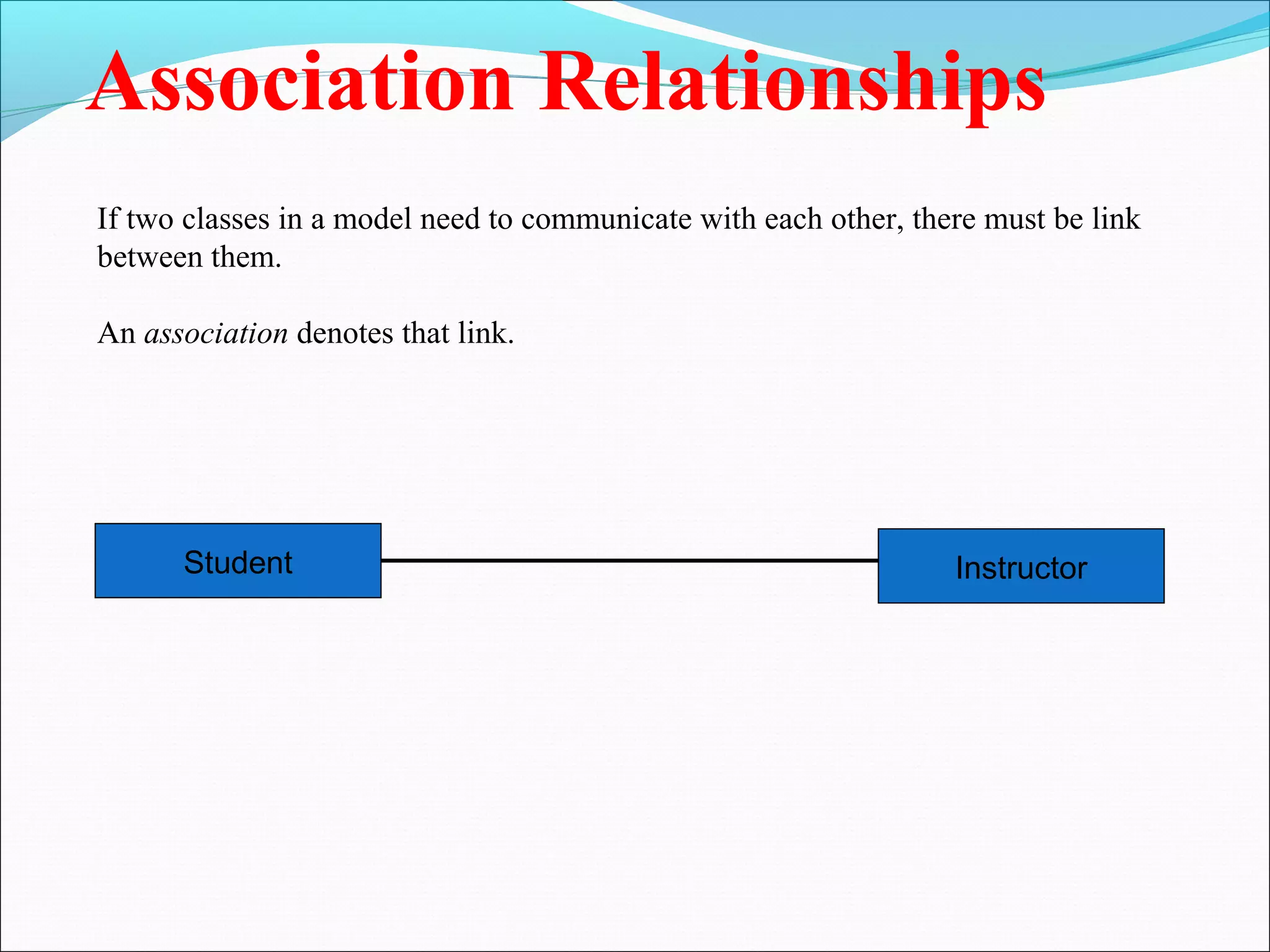 Association Relationships
If two classes in a model need to communicate with each other, there must be link
between them.
An association denotes that link.
Instructor
Student
 