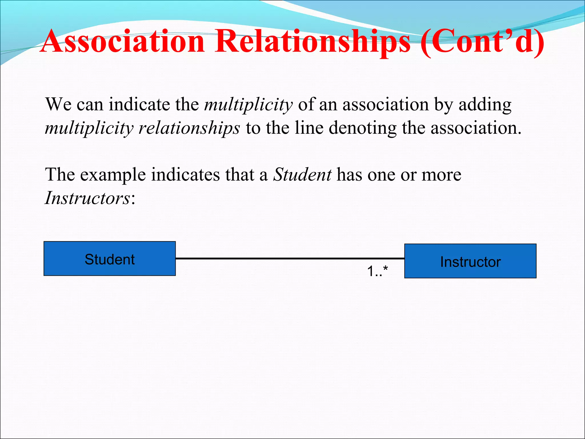 Association Relationships (Cont’d)
We can indicate the multiplicity of an association by adding
multiplicity relationships to the line denoting the association.
The example indicates that a Student has one or more
Instructors:
Instructor
Student
1..*
 