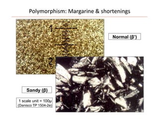 Polymorphism: Margarine & shortenings
Normal (β’)
1 scale unit = 100µ
(Danisco TP 1504-2e)
Sandy (β)
 