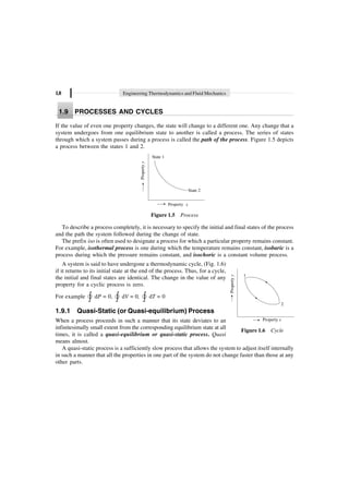 1.8 Engineering Thermodynamics and Fluid Mechanics
1.9 PROCESSES AND CYCLES
If the value of even one property changes, the state will change to a different one. Any change that a
system undergoes from one equilibrium state to another is called a process. The series of states
through which a system passes during a process is called the path of the process. Figure 1.5 depicts
a process between the states 1 and 2.
Property
y
Property x
State 2
State 1
Figure 1.5 Process
To describe a process completely, it is necessary to specify the initial and final states of the process
and the path the system followed during the change of state.
The prefix iso is often used to designate a process for which a particular property remains constant.
For example, isothermal process is one during which the temperature remains constant, isobaric is a
process during which the pressure remains constant, and isochoric is a constant volume process.
A system is said to have undergone a thermodynamic cycle, (Fig. 1.6)
if it returns to its initial state at the end of the process. Thus, for a cycle,
the initial and final states are identical. The change in the value of any
property for a cyclic process is zero.
For example Ú
� dP = 0, Ú
� dV = 0, Ú
� dT = 0
1.9.1 Quasi-Static (or Quasi-equilibrium) Process
When a process proceeds in such a manner that its state deviates to an
infinitesimally small extent from the corresponding equilibrium state at all
times, it is called a quasi-equilibrium or quasi-static process. Quasi
means almost.
A quasi-static process is a sufficiently slow process that allows the system to adjust itself internally
in such a manner that all the properties in one part of the system do not change faster than those at any
other parts.
2
1
Property
y
Property x
Figure 1.6 Cycle
 