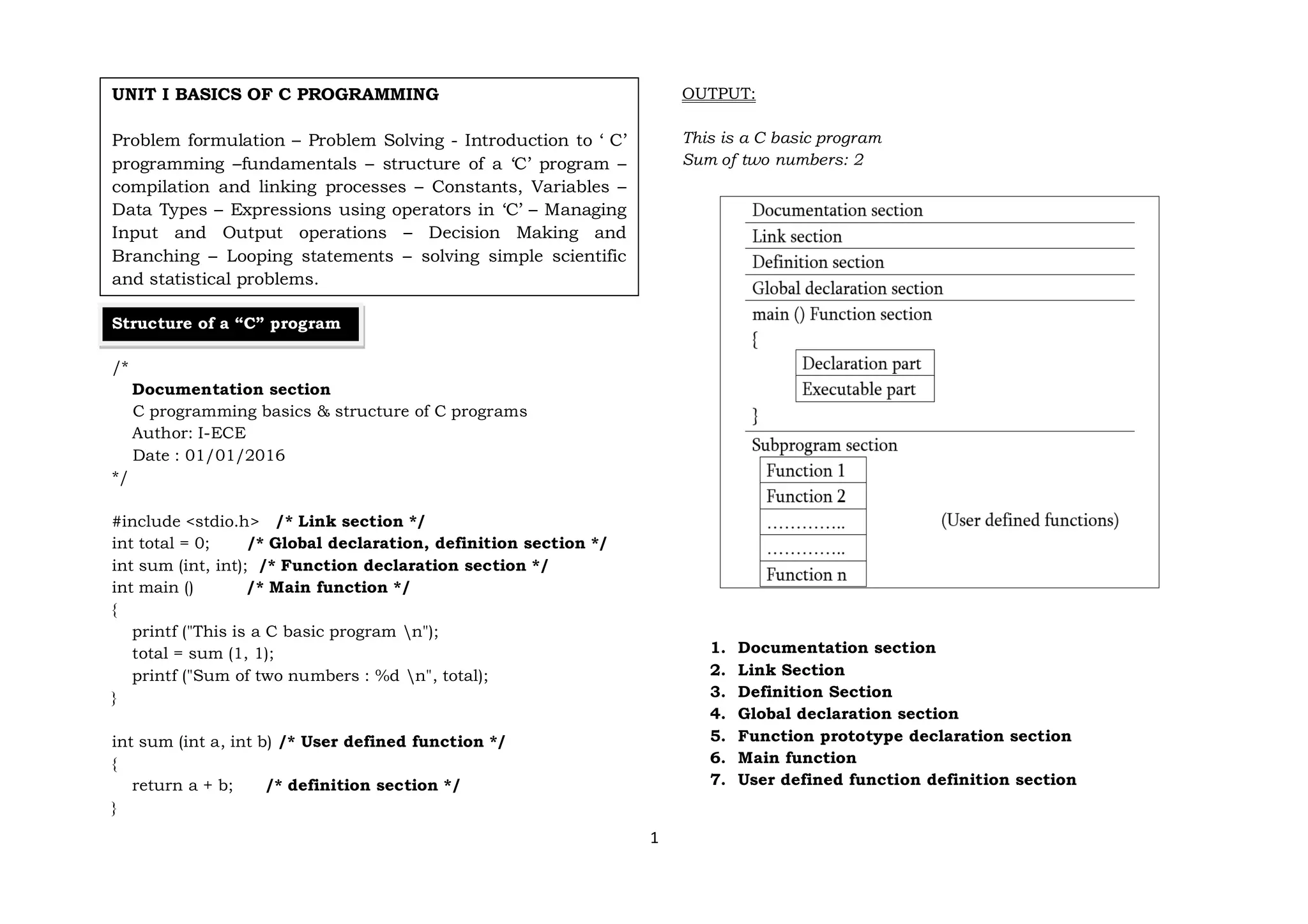 1
UNIT I BASICS OF C PROGRAMMING
Problem formulation – Problem Solving - Introduction to ‘ C’
programming –fundamentals – structure of a ‘C’ program –
compilation and linking processes – Constants, Variables –
Data Types – Expressions using operators in ‘C’ – Managing
Input and Output operations – Decision Making and
Branching – Looping statements – solving simple scientific
and statistical problems.
Structure of a “C” program
/*
Documentation section
C programming basics & structure of C programs
Author: I-ECE
Date : 01/01/2016
*/
#include <stdio.h> /* Link section */
int total = 0; /* Global declaration, definition section */
int sum (int, int); /* Function declaration section */
int main () /* Main function */
{
printf ("This is a C basic program n");
total = sum (1, 1);
printf ("Sum of two numbers : %d n", total);
}
int sum (int a, int b) /* User defined function */
{
return a + b; /* definition section */
}
OUTPUT:
This is a C basic program
Sum of two numbers: 2
1. Documentation section
2. Link Section
3. Definition Section
4. Global declaration section
5. Function prototype declaration section
6. Main function
7. User defined function definition section
 