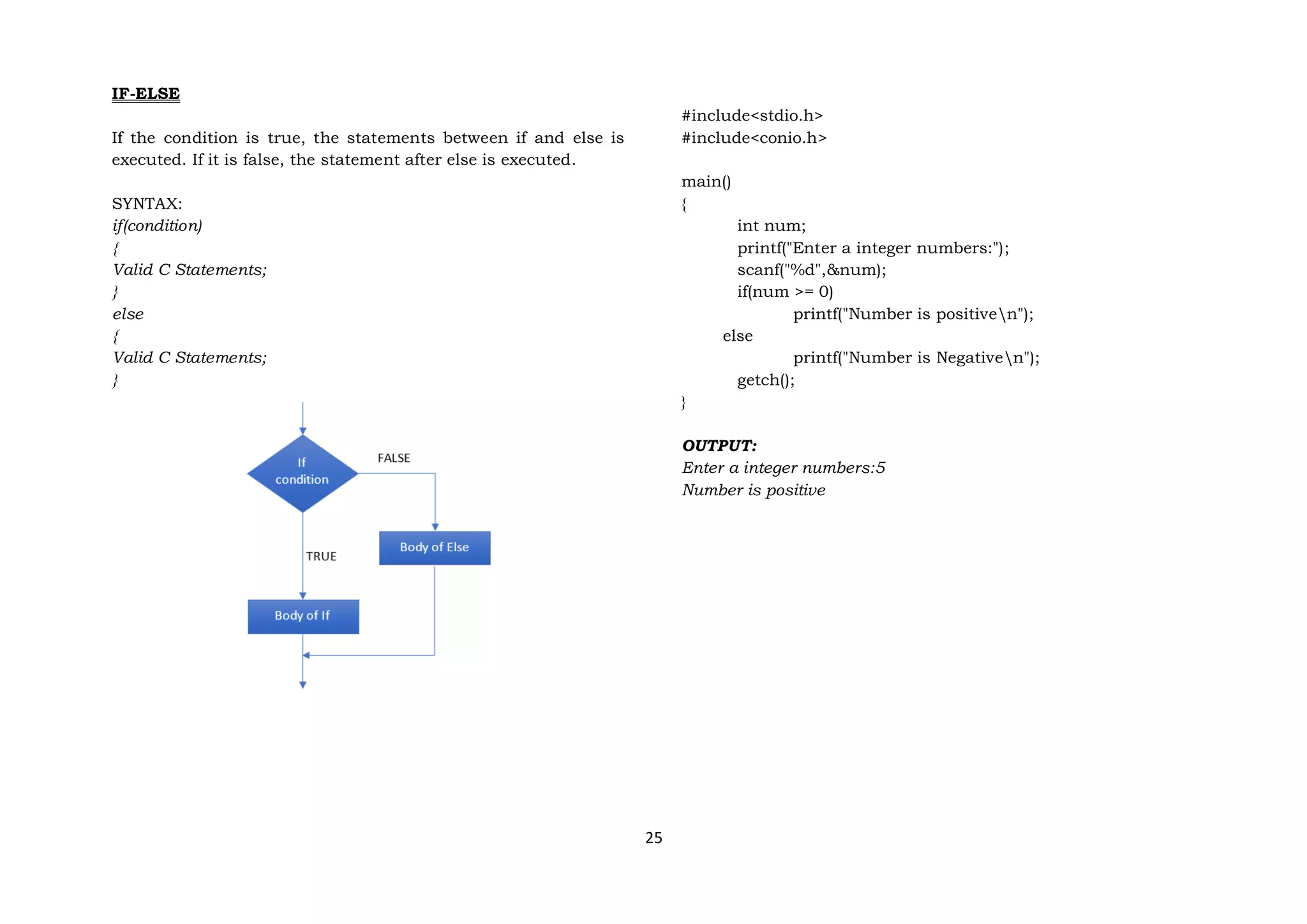 25
IF-ELSE
If the condition is true, the statements between if and else is
executed. If it is false, the statement after else is executed.
SYNTAX:
if(condition)
{
Valid C Statements;
}
else
{
Valid C Statements;
}
#include<stdio.h>
#include<conio.h>
main()
{
int num;
printf("Enter a integer numbers:");
scanf("%d",&num);
if(num >= 0)
printf("Number is positiven");
else
printf("Number is Negativen");
getch();
}
OUTPUT:
Enter a integer numbers:5
Number is positive
 