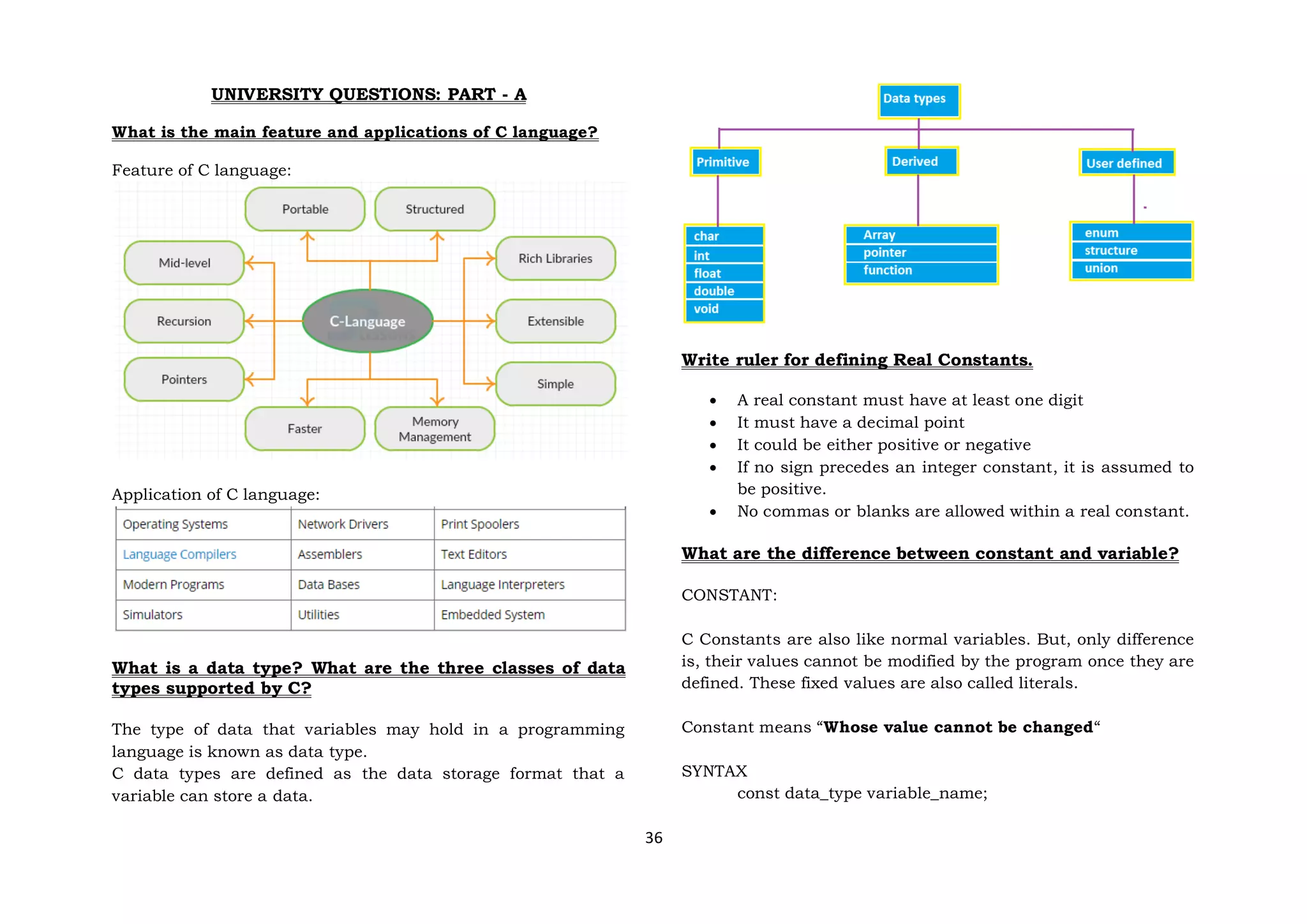 36
UNIVERSITY QUESTIONS: PART - A
What is the main feature and applications of C language?
Feature of C language:
Application of C language:
What is a data type? What are the three classes of data
types supported by C?
The type of data that variables may hold in a programming
language is known as data type.
C data types are defined as the data storage format that a
variable can store a data.
Write ruler for defining Real Constants.
 A real constant must have at least one digit
 It must have a decimal point
 It could be either positive or negative
 If no sign precedes an integer constant, it is assumed to
be positive.
 No commas or blanks are allowed within a real constant.
What are the difference between constant and variable?
CONSTANT:
C Constants are also like normal variables. But, only difference
is, their values cannot be modified by the program once they are
defined. These fixed values are also called literals.
Constant means “Whose value cannot be changed“
SYNTAX
const data_type variable_name;
 