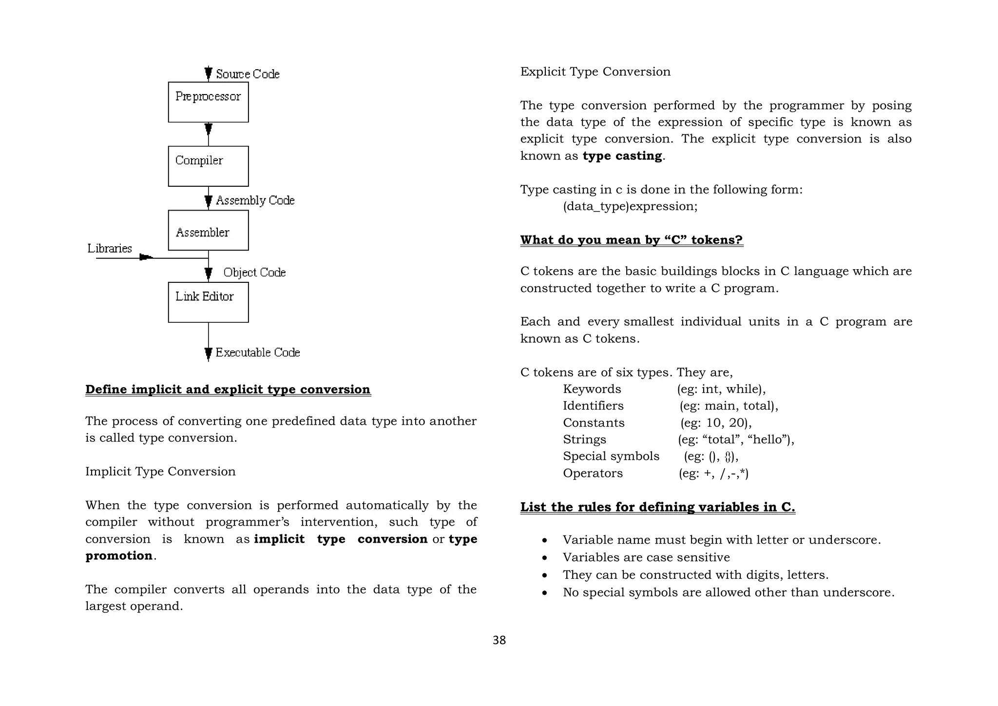 38
Define implicit and explicit type conversion
The process of converting one predefined data type into another
is called type conversion.
Implicit Type Conversion
When the type conversion is performed automatically by the
compiler without programmer’s intervention, such type of
conversion is known as implicit type conversion or type
promotion.
The compiler converts all operands into the data type of the
largest operand.
Explicit Type Conversion
The type conversion performed by the programmer by posing
the data type of the expression of specific type is known as
explicit type conversion. The explicit type conversion is also
known as type casting.
Type casting in c is done in the following form:
(data_type)expression;
What do you mean by “C” tokens?
C tokens are the basic buildings blocks in C language which are
constructed together to write a C program.
Each and every smallest individual units in a C program are
known as C tokens.
C tokens are of six types. They are,
Keywords (eg: int, while),
Identifiers (eg: main, total),
Constants (eg: 10, 20),
Strings (eg: “total”, “hello”),
Special symbols (eg: (), {}),
Operators (eg: +, /,-,*)
List the rules for defining variables in C.
 Variable name must begin with letter or underscore.
 Variables are case sensitive
 They can be constructed with digits, letters.
 No special symbols are allowed other than underscore.
 