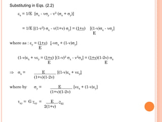 Substituting in Eqs. (2.2)
x = 1/E [x - y - 2 (x + y)]
= 1/E [(1-2) x - (1+) y] = (1+) [(1-)x - y]
E
where as : y = (1+) [-x + (1-)y]
E
(1-)x + y = (1+) [(1-)2 x - 2x] = (1+)(1-2) x
E E
 x = E [(1-)x + y]
(1+)(1-2)
where by y = E [x + (1-)y]
(1+)(1-2)
xy = G xy = E .xy
2(1+)
 