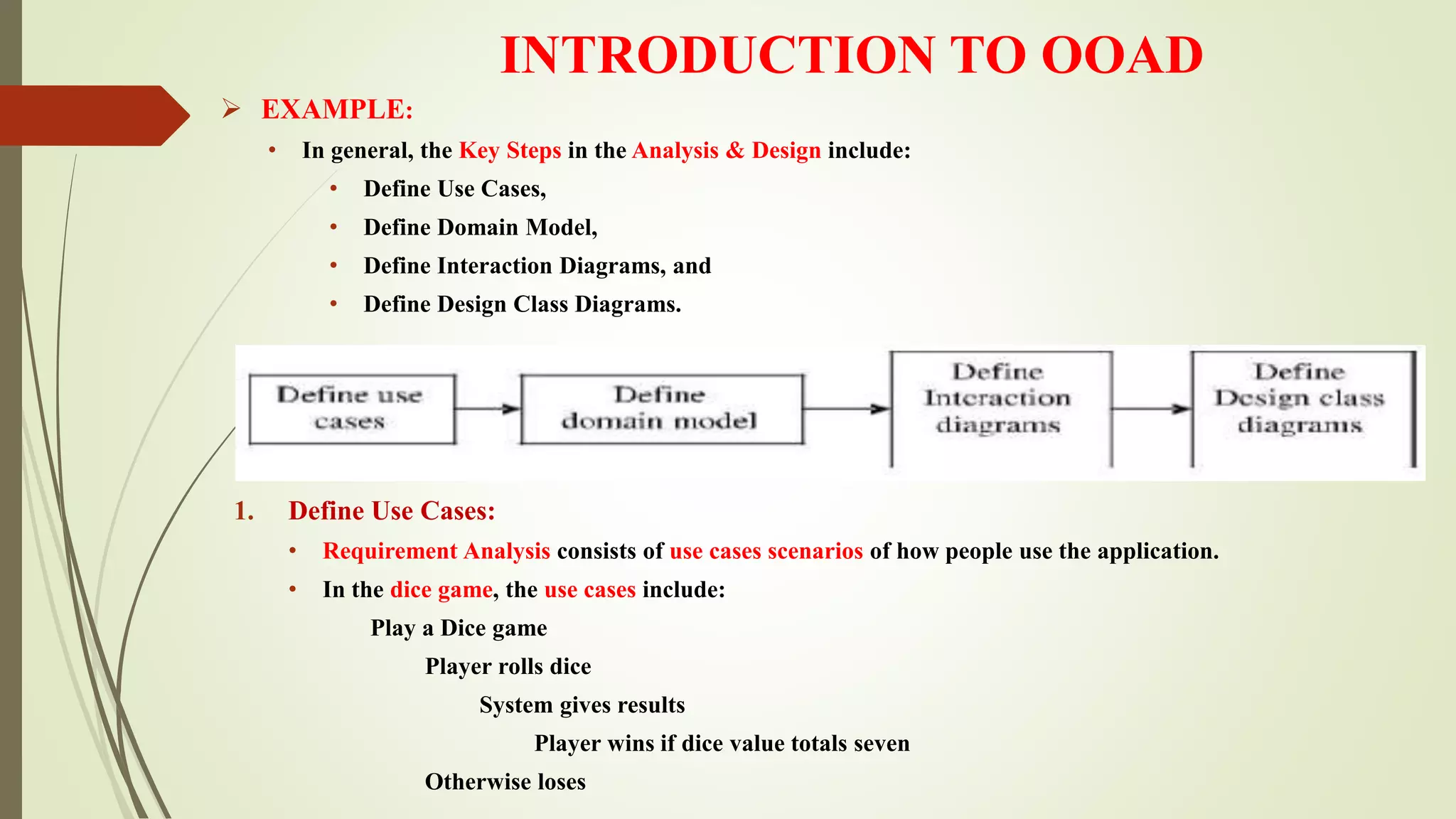 INTRODUCTION TO OOAD
 EXAMPLE:
• In general, the Key Steps in the Analysis & Design include:
• Define Use Cases,
• Define Domain Model,
• Define Interaction Diagrams, and
• Define Design Class Diagrams.
1. Define Use Cases:
• Requirement Analysis consists of use cases scenarios of how people use the application.
• In the dice game, the use cases include:
Play a Dice game
Player rolls dice
System gives results
Player wins if dice value totals seven
Otherwise loses
 