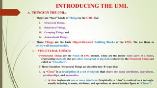 INTRODUCING THE UML
A. THINGS IN THE UML:
• There are “four” kinds of Things in the UML like:
i. Structural Things,
ii. Behavioral Things,
iii. Grouping Things, and
iv. Annotational Things.
• These Things are the basic Object-Oriented Building Blocks of the UML. We use them to
write well-formed models.
i. STRUCTURAL THINGS:
 Structural Things are the Nouns of UML models. These are the mostly static parts of a model,
representing elements that are either conceptual or physical. Collectively, the Structural Things are
called as “Classifiers”.
 These Classifiers / Structural Things are classified into ‘8’ types like:
1. A “Class” is a description of a set of objects that share the same attributes, operations,
relationships, and semantics.
 A class implements one or more interfaces. Graphically, a ‘class’ is rendered as a rectangle,
usually including its name, attributes, and operations, as shown in below figure as “Classes”:
 