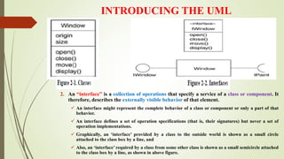 INTRODUCING THE UML
2. An “interface” is a collection of operations that specify a service of a class or component. It
therefore, describes the externally visible behavior of that element.
 An interface might represent the complete behavior of a class or component or only a part of that
behavior.
 An interface defines a set of operation specifications (that is, their signatures) but never a set of
operation implementations.
 Graphically, an ‘interface’ provided by a class to the outside world is shown as a small circle
attached to the class box by a line, and
 Also, an ‘interface’ required by a class from some other class is shown as a small semicircle attached
to the class box by a line, as shown in above figure.
 