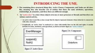 INTRODUCING THE UML
 The remaining three structural things like: Active Classes, Components, and Nodes are all class-
like, meaning they also describe sets of entities that share the same attributes, operations,
relationships, & semantics, and these three are different enough.
5. An “active class” is a class whose objects own one or more processes or threads and therefore can
initiate control activity.
 An active class is just like a class except that its objects represent elements whose behavior is concurrent
with other elements.
 Graphically, an ‘active class’ is rendered as a class with double lines on the left and right; it usually
includes its name, attributes, and operations, as shown in below figure as “Active Classes”:
 