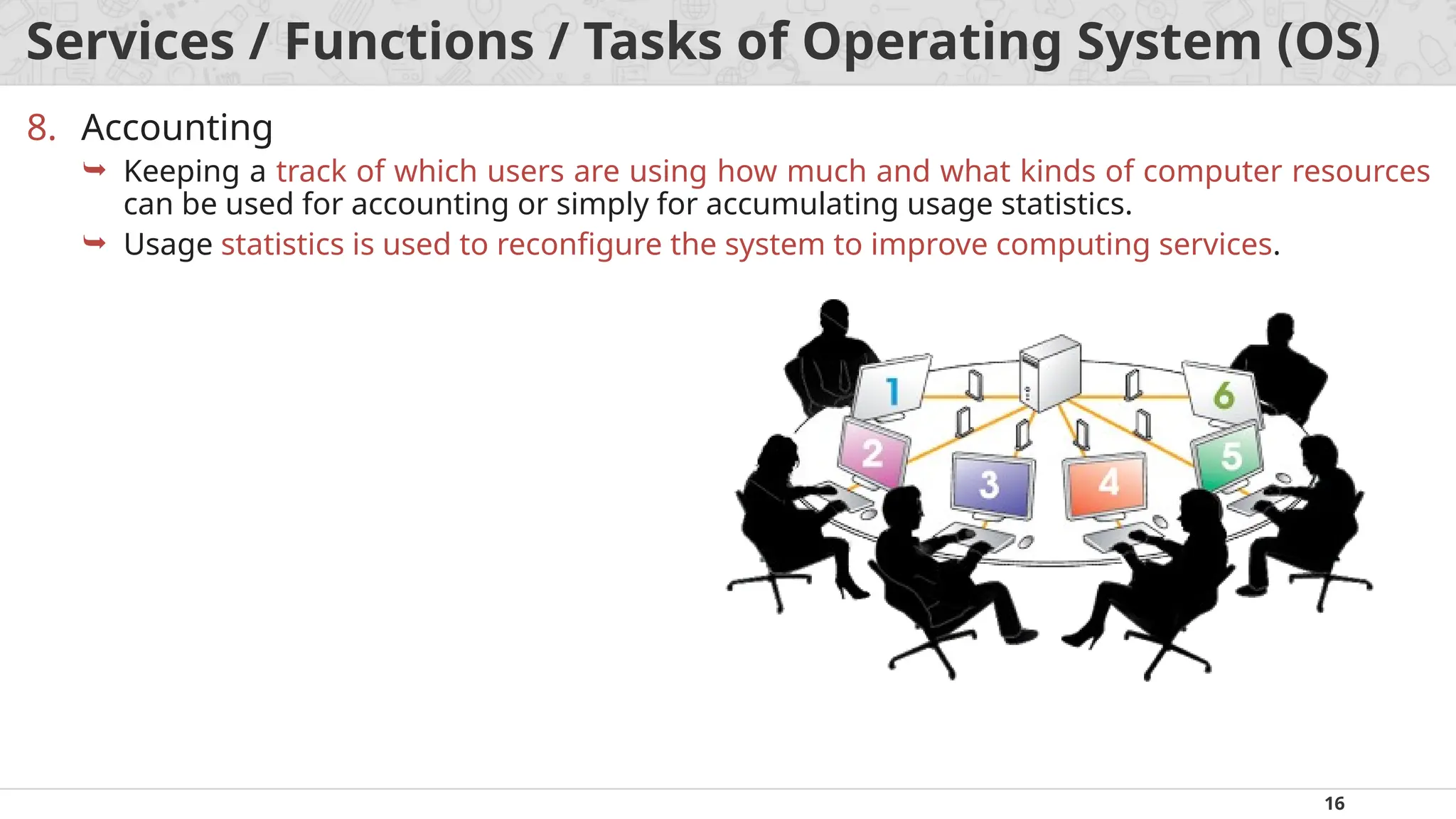 16
Services / Functions / Tasks of Operating System (OS)
8. Accounting
 Keeping a track of which users are using how much and what kinds of computer resources
can be used for accounting or simply for accumulating usage statistics.
 Usage statistics is used to reconfigure the system to improve computing services.
 