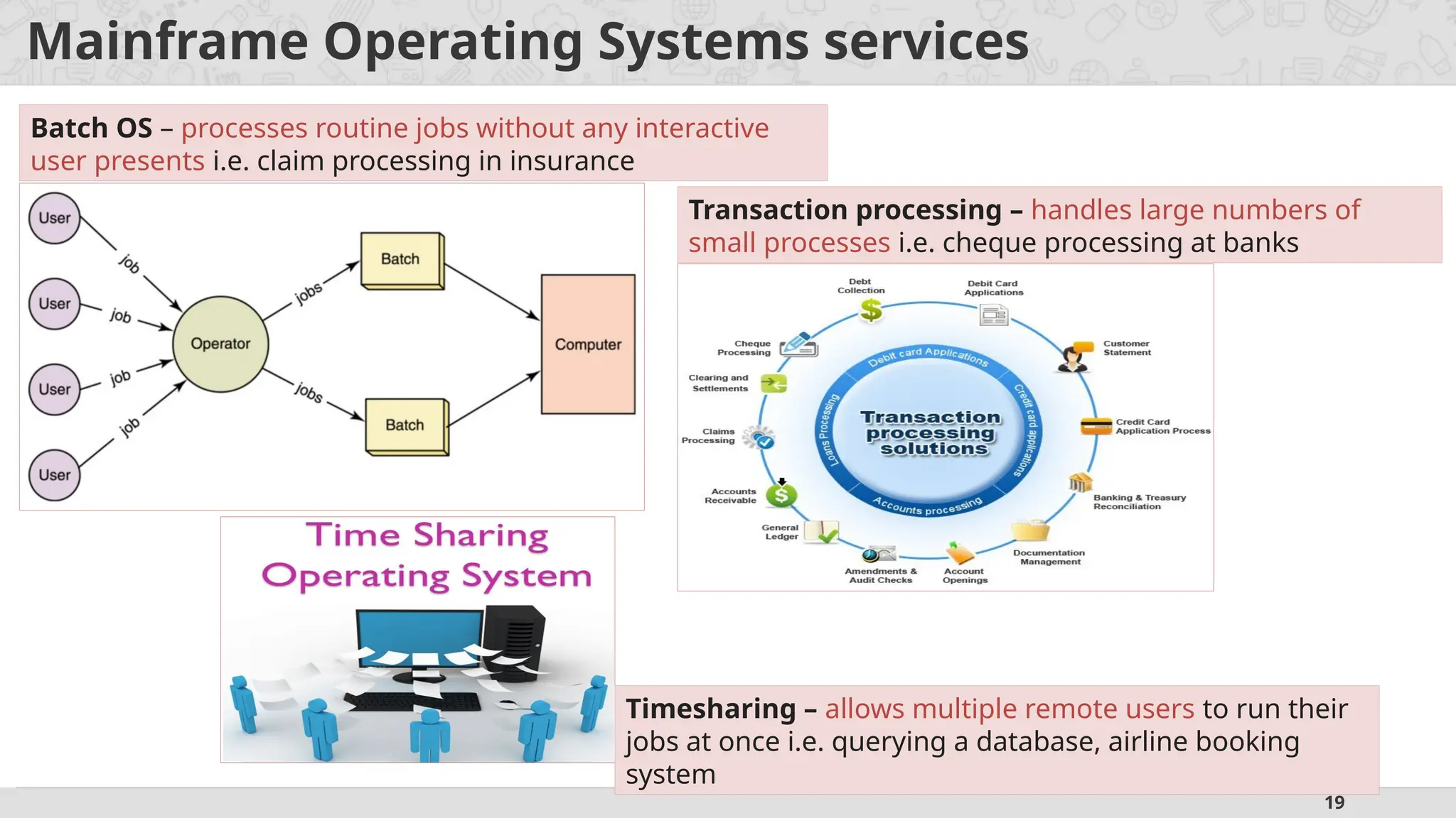 19
Mainframe Operating Systems services
Batch OS – processes routine jobs without any interactive
user presents i.e. claim processing in insurance
Transaction processing – handles large numbers of
small processes i.e. cheque processing at banks
Timesharing – allows multiple remote users to run their
jobs at once i.e. querying a database, airline booking
system
 