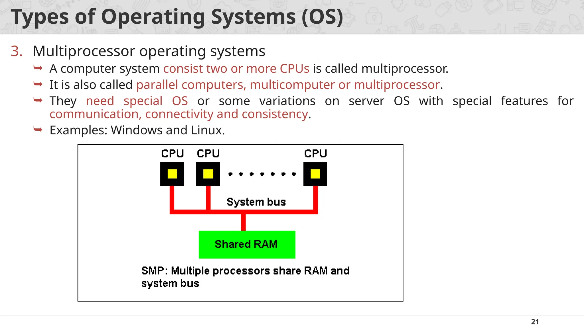 21
Types of Operating Systems (OS)
3. Multiprocessor operating systems
 A computer system consist two or more CPUs is called multiprocessor.
 It is also called parallel computers, multicomputer or multiprocessor.
 They need special OS or some variations on server OS with special features for
communication, connectivity and consistency.
 Examples: Windows and Linux.
 
