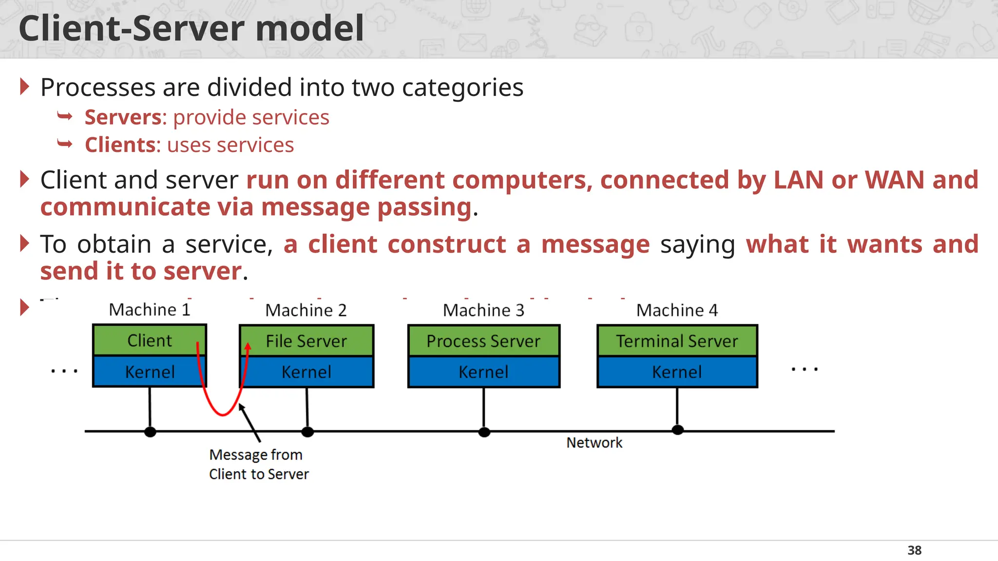 38
Client-Server model
 Processes are divided into two categories
 Servers: provide services
 Clients: uses services
 Client and server run on different computers, connected by LAN or WAN and
communicate via message passing.
 To obtain a service, a client construct a message saying what it wants and
send it to server.
 The server then does the work and send back the answer.
 
