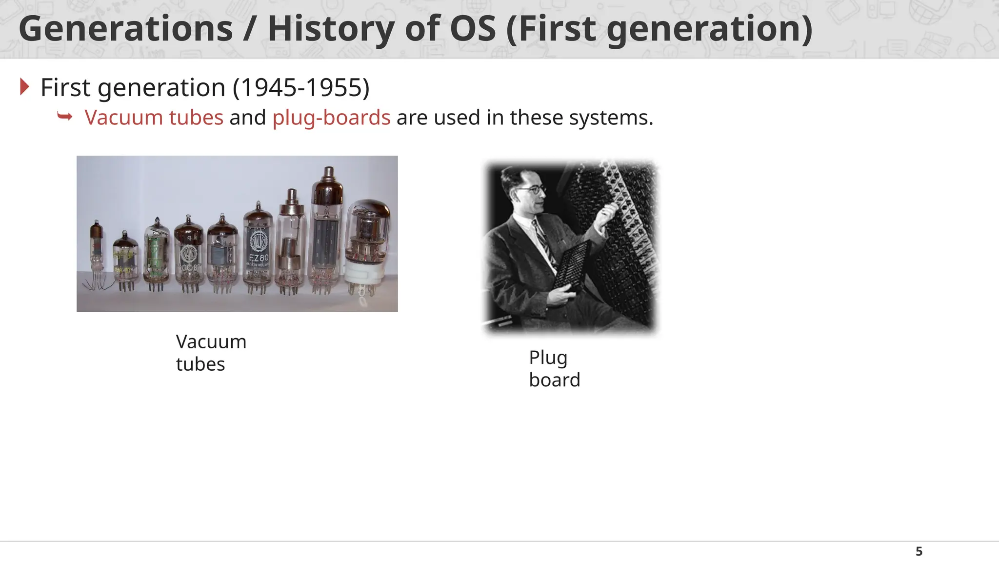 5
Generations / History of OS (First generation)
 First generation (1945-1955)
 Vacuum tubes and plug-boards are used in these systems.
Vacuum
tubes Plug
board
 