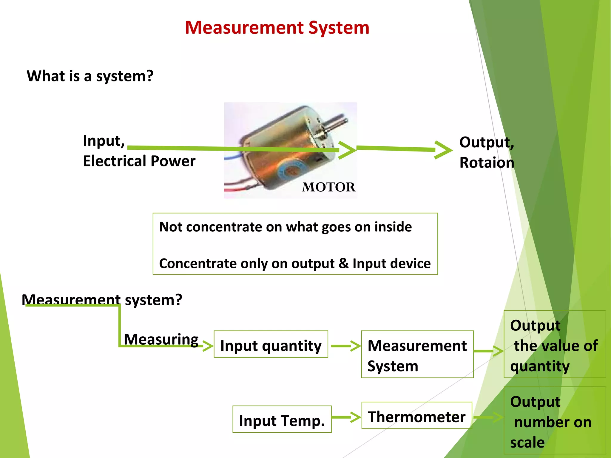 32
Measurement System
What is a system?
MOTOR
Input,
Electrical Power
Output,
Rotaion
Not concentrate on what goes on inside
Concentrate only on output & Input device
Measurement system?
Measuring Input quantity
Output
the value of
quantity
Measurement
System
ThermometerInput Temp.
Output
number on
scale
 