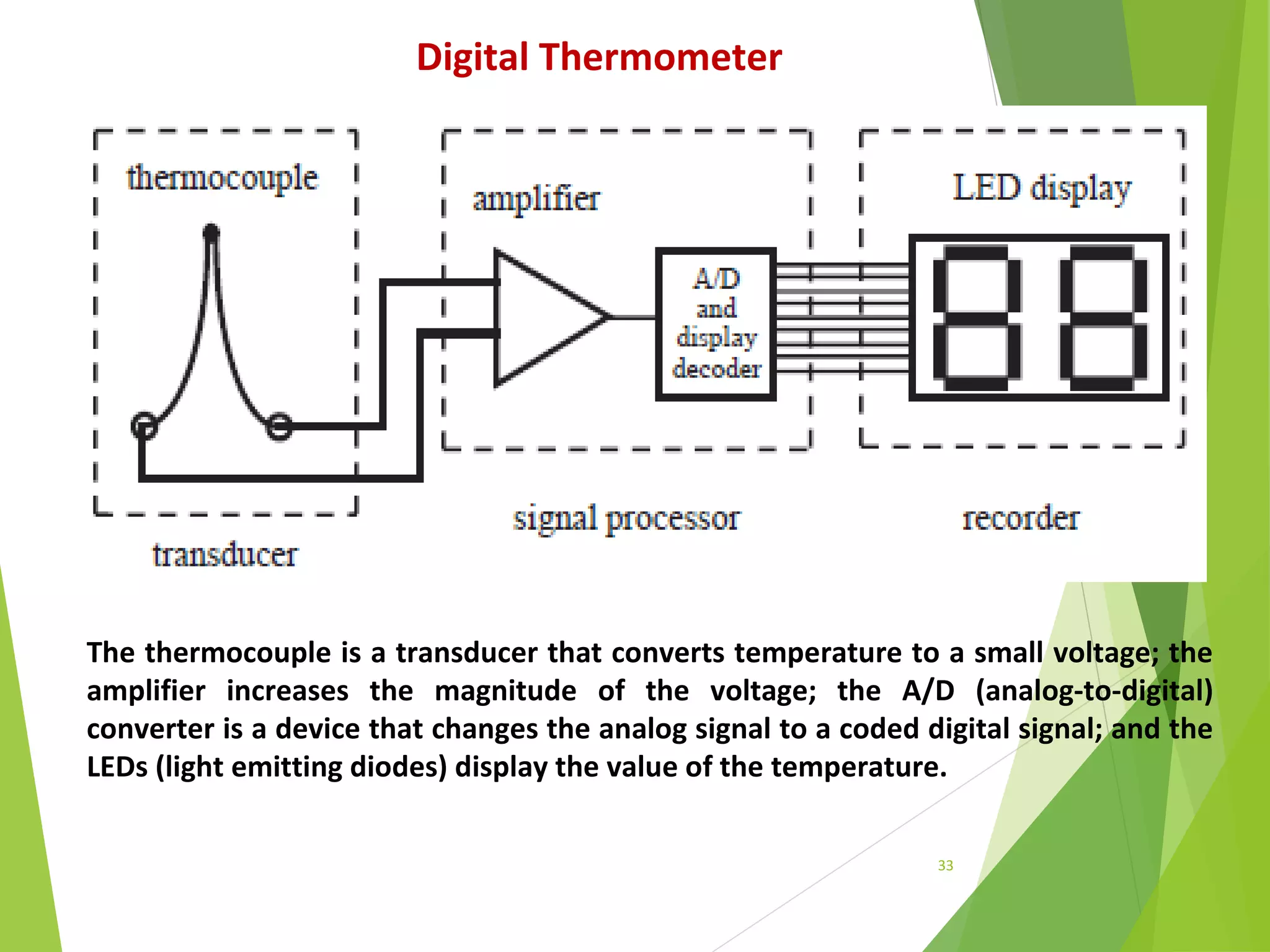 33
Digital Thermometer
The thermocouple is a transducer that converts temperature to a small voltage; the
amplifier increases the magnitude of the voltage; the A/D (analog-to-digital)
converter is a device that changes the analog signal to a coded digital signal; and the
LEDs (light emitting diodes) display the value of the temperature.
 