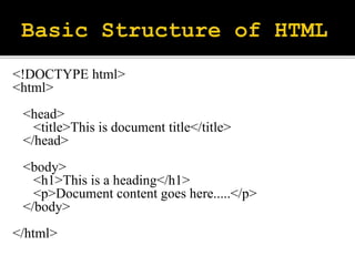 <!DOCTYPE html>
<html>
<head>
<title>This is document title</title>
</head>
<body>
<h1>This is a heading</h1>
<p>Document content goes here.....</p>
</body>
</html>
 