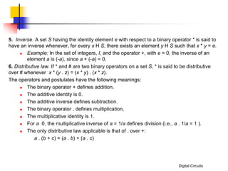 Digital Circuits
5. Inverse. A set S having the identity element e with respect to a binary operator * is said to
have an inverse whenever, for every x H S, there exists an element y H S such that x * y = e.
 Example: In the set of integers, I, and the operator +, with e = 0, the inverse of an
element a is (-a), since a + (-a) = 0.
6. Distributive law. If * and # are two binary operators on a set S, * is said to be distributive
over # whenever x * (y . z) = (x * y) . (x * z).
The operators and postulates have the following meanings:
 The binary operator + defines addition.
 The additive identity is 0.
 The additive inverse defines subtraction.
 The binary operator . defines multiplication.
 The multiplicative identity is 1.
 For a 0, the multiplicative inverse of a = 1/a defines division (i.e., a . 1/a = 1 ).
 The only distributive law applicable is that of . over +:
a . (b + c) = (a . b) + (a . c)
 