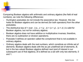 Digital Circuits
Comparing Boolean algebra with arithmetic and ordinary algebra (the field of real
numbers), we note the following differences:
1. Huntington postulates do not include the associative law. However, this law
holds for Boolean algebra and can be derived (for both operators) from the other
postulates.
2. The distributive law of + over . (i.e., x + (y . z) = (x + y) . (x + z) ) is valid for
Boolean algebra, but not for ordinary algebra.
3. Boolean algebra does not have additive or multiplicative inverses; therefore,
there are no subtraction or division operations.
4. Postulate 5 defines an operator called the complement that is not available in
ordinary algebra.
5. Ordinary algebra deals with the real numbers, which constitute an infinite set of
elements. Boolean algebra deals with the as yet undefined set of elements, B,
but in the two‐valued Boolean algebra defined next (and of interest in our
subsequent use of that algebra), B is defined as a set with only two elements, 0
and 1.
15
 