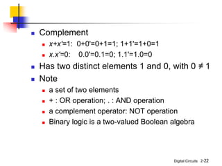 Digital Circuits 2-22
 Complement
 x+x'=1: 0+0'=0+1=1; 1+1'=1+0=1
 x.x'=0: 0.0'=0.1=0; 1.1'=1.0=0
 Has two distinct elements 1 and 0, with 0 ≠ 1
 Note
 a set of two elements
 + : OR operation; . : AND operation
 a complement operator: NOT operation
 Binary logic is a two-valued Boolean algebra
 