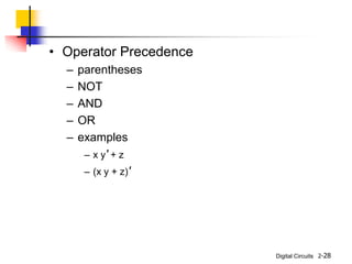Digital Circuits 2-28
• Operator Precedence
– parentheses
– NOT
– AND
– OR
– examples
– x y' + z
– (x y + z)'
 