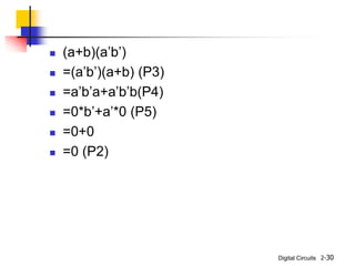 Digital Circuits
 (a+b)(a’b’)
 =(a’b’)(a+b) (P3)
 =a’b’a+a’b’b(P4)
 =0*b’+a’*0 (P5)
 =0+0
 =0 (P2)
2-30
 