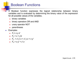 Digital Circuits 2-31
Boolean Functions
 A Boolean function expresses the logical relationship between binary
variables and is evaluated by determining the binary value of the expression
for all possible values of the variables.
 binary variables
 binary operators OR and AND
 unary operator NOT
 parentheses
 Examples
 F1= x y z'
 F2 = x + y'z
 F3 = x' y' z + x' y z + x y'
 F4 = x y' + x' z
 