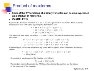 Digital Circuits 2-46
Product of maxterms
 Each of the 22n functions of n binary variables can be also expressed
as a product of maxterms.
 EXAMPLE 2.5:
 