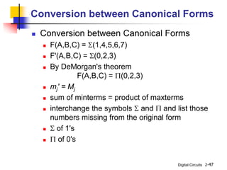 Digital Circuits 2-47
Conversion between Canonical Forms
 Conversion between Canonical Forms
 F(A,B,C) = S(1,4,5,6,7)
 F'(A,B,C) = S(0,2,3)
 By DeMorgan's theorem
F(A,B,C) = P(0,2,3)
 mj' = Mj
 sum of minterms = product of maxterms
 interchange the symbols S and P and list those
numbers missing from the original form
 S of 1's
 P of 0's
 