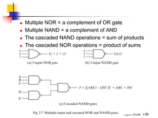 Digital Circuits 2-60
 Multiple NOR = a complement of OR gate
 Multiple NAND = a complement of AND
 The cascaded NAND operations = sum of products
 The cascaded NOR operations = product of sums
 