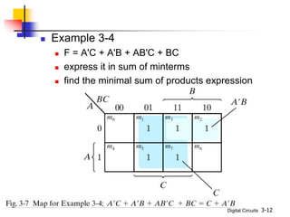 Digital Circuits 3-12
 Example 3-4
 F = A'C + A'B + AB'C + BC
 express it in sum of minterms
 find the minimal sum of products expression
 