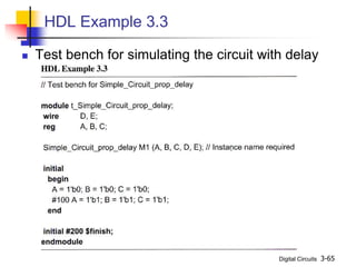 Digital Circuits 3-65
HDL Example 3.3
 Test bench for simulating the circuit with delay
 
