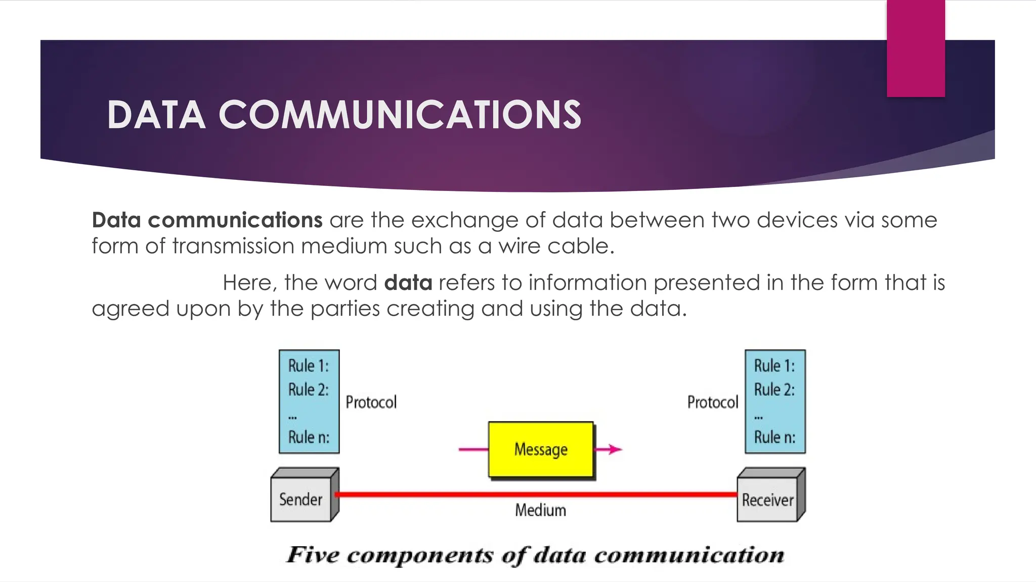 DATA COMMUNICATIONS
Data communications are the exchange of data between two devices via some
form of transmission medium such as a wire cable.
Here, the word data refers to information presented in the form that is
agreed upon by the parties creating and using the data.
 