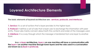 Layered Architecture Elements
The basic elements of layered architecture are : services, protocols, and interfaces.
1. Service: It is a set of actions that a layer provides to the higher layer.
2. Protocol: It defines a set of rules that a layer uses to exchange the information with peer
entity. These rules mainly concern about both the contents and order of the messages used.
3. Interface: It is a way through which the message is transferred from one layer to another
layer.
In a n-layer architecture, layer n on one machine will have a communication with
the layer n on another machine through lower layers and the rules used in a conversation
are known as a (layer-n protocol).
 