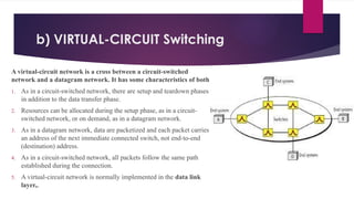 b) VIRTUAL-CIRCUIT Switching
A virtual-circuit network is a cross between a circuit-switched
network and a datagram network. It has some characteristics of both.
1. As in a circuit-switched network, there are setup and teardown phases
in addition to the data transfer phase.
2. Resources can be allocated during the setup phase, as in a circuit-
switched network, or on demand, as in a datagram network.
3. As in a datagram network, data are packetized and each packet carries
an address of the next immediate connected switch, not end-to-end
(destination) address.
4. As in a circuit-switched network, all packets follow the same path
established during the connection.
5. A virtual-circuit network is normally implemented in the data link
layer,.
 