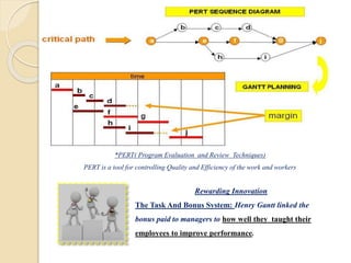 *PERT( Program Evaluation and Review Techniques)
PERT is a tool for controlling Quality and Efficiency of the work and workers
Rewarding Innovation
The Task And Bonus System: Henry Gantt linked the
bonus paid to managers to how well they taught their
employees to improve performance.
 