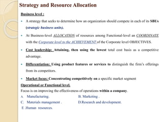 Strategy and Resource Allocation
Business level :
 A strategy that seeks to determine how an organization should compete in each of its SBUs
(strategic business units).
 At Business-level ALLOCATION of resources among Functional-level an COORDINATE
with the Corporate level to the ACHIEVEMENT of the Corporate level OBJECTIVES.
 Cost leadership: Attaining, then using the lowest total cost basis as a competitive
advantage.
 Differentiation: Using product features or services to distinguish the firm’s offerings
from its competitors.
 Market focus: Concentrating competitively on a specific market segment
Operational or Functional level.
Focus is on improving the effectiveness of operations within a company.
A. Manufacturing. B. Marketing .
C. Materials management . D.Research and development.
E .Human resources.
 