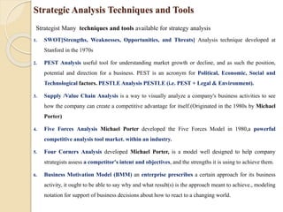 Strategic Analysis Techniques and Tools
Strategist Many techniques and tools available for strategy analysis
1. SWOT[Strengths, Weaknesses, Opportunities, and Threats] Analysis technique developed at
Stanford in the 1970s
2. PEST Analysis useful tool for understanding market growth or decline, and as such the position,
potential and direction for a business. PEST is an acronym for Political, Economic, Social and
Technological factors. PESTLE Analysis PESTLE (i.e. PEST + Legal & Environment).
3. Supply /Value Chain Analysis is a way to visually analyze a company's business activities to see
how the company can create a competitive advantage for itself.(Originated in the 1980s by Michael
Porter)
4. Five Forces Analysis Michael Porter developed the Five Forces Model in 1980,a powerful
competitive analysis tool market. within an industry.
5. Four Corners Analysis developed Michael Porter, is a model well designed to help company
strategists assess a competitor's intent and objectives, and the strengths it is using to achieve them.
6. Business Motivation Model (BMM) an enterprise prescribes a certain approach for its business
activity, it ought to be able to say why and what result(s) is the approach meant to achieve., modeling
notation for support of business decisions about how to react to a changing world.
 