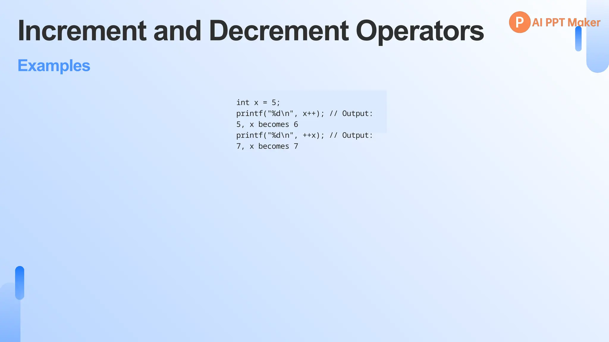 Increment and Decrement Operators
Examples
int x = 5;
printf("%dn", x++); // Output:
5, x becomes 6
printf("%dn", ++x); // Output:
7, x becomes 7
 