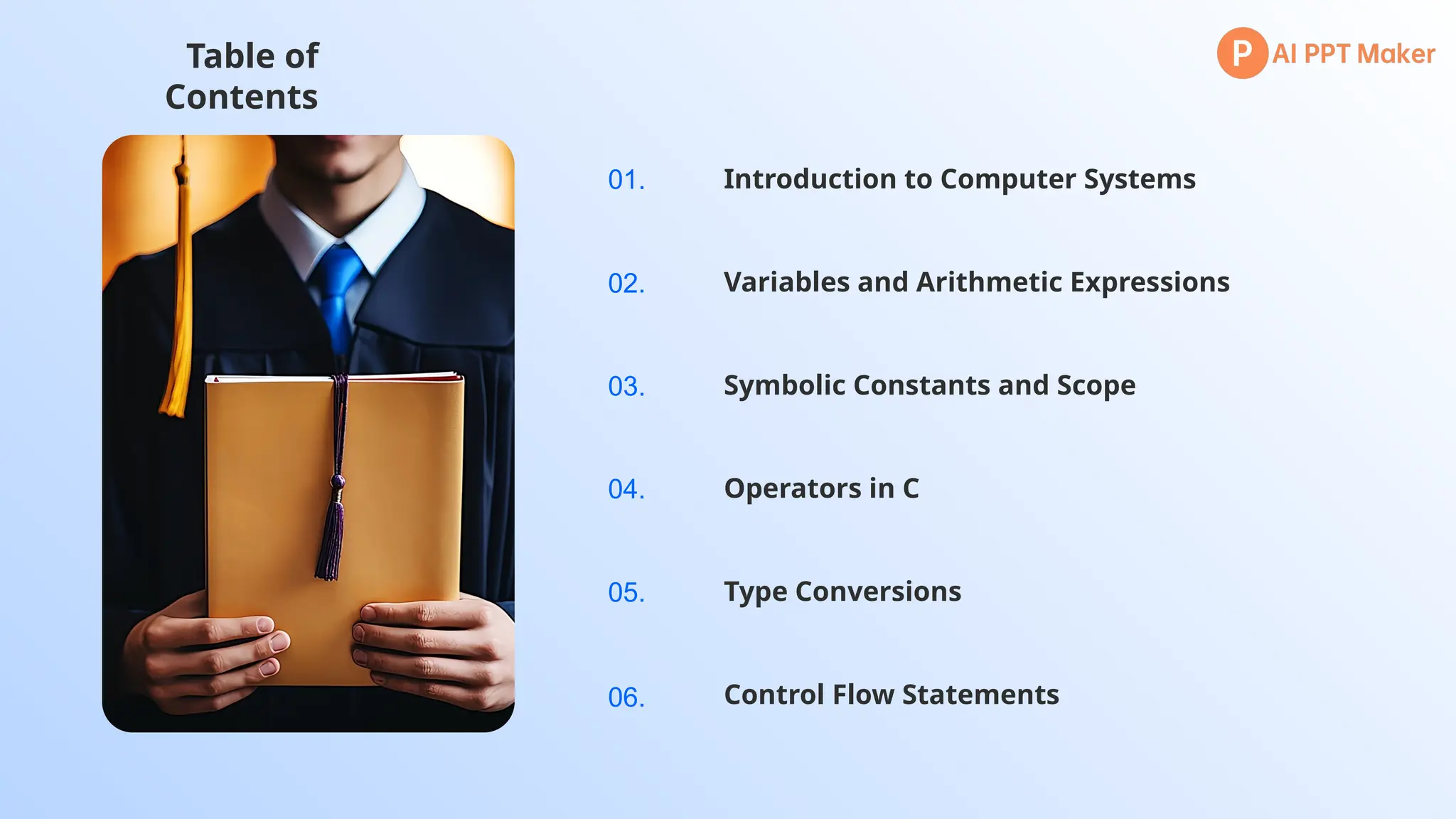 Introduction to Computer Systems
Variables and Arithmetic Expressions
Symbolic Constants and Scope
Operators in C
Type Conversions
Table of
Contents
Control Flow Statements
01.
02.
03.
04.
05.
06.
 