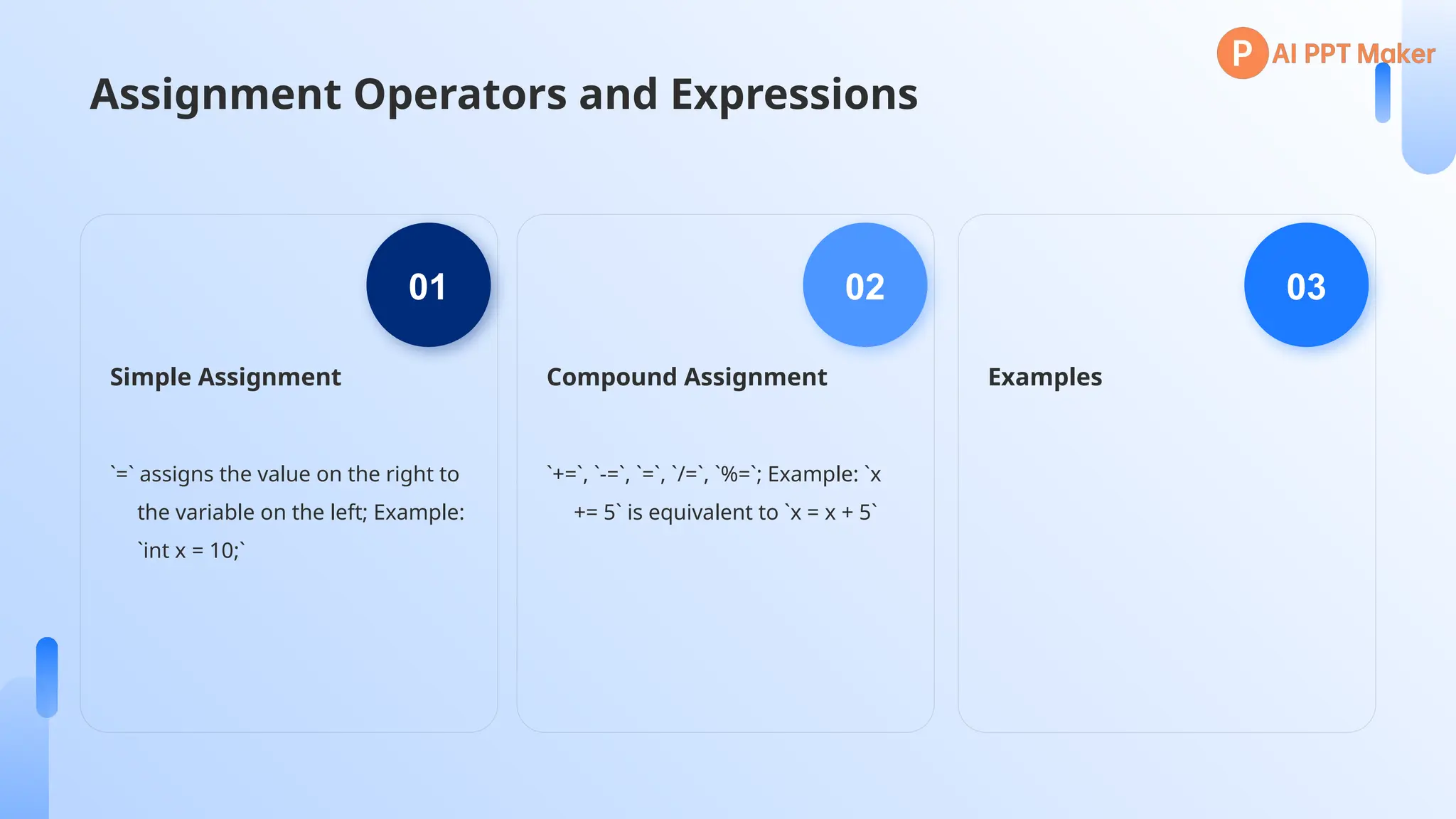 `=` assigns the value on the right to
the variable on the left; Example:
`int x = 10;`
Simple Assignment
01
`+=`, `-=`, `=`, `/=`, `%=`; Example: `x
+= 5` is equivalent to `x = x + 5`
Compound Assignment
02
Examples
03
Assignment Operators and Expressions
 