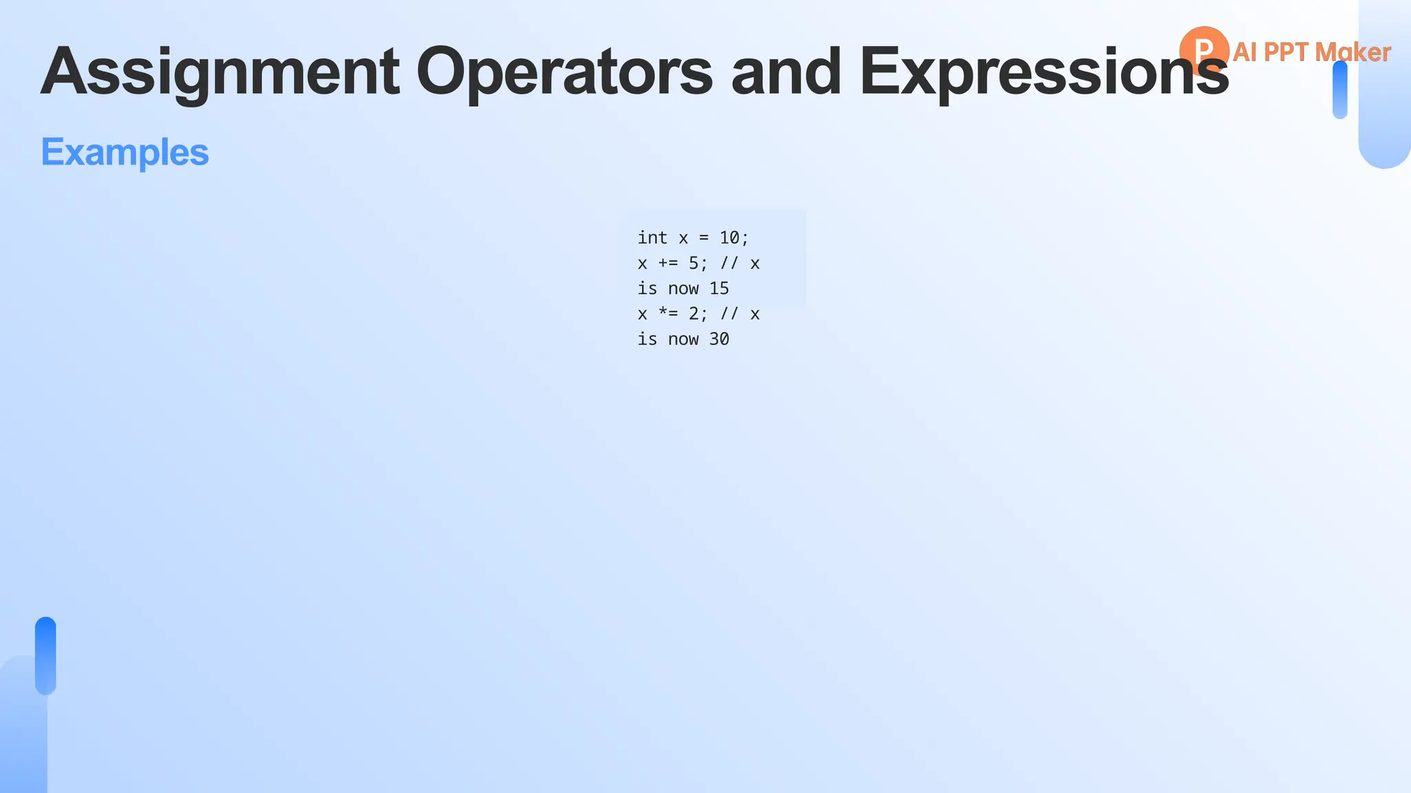 Assignment Operators and Expressions
Examples
int x = 10;
x += 5; // x
is now 15
x *= 2; // x
is now 30
 