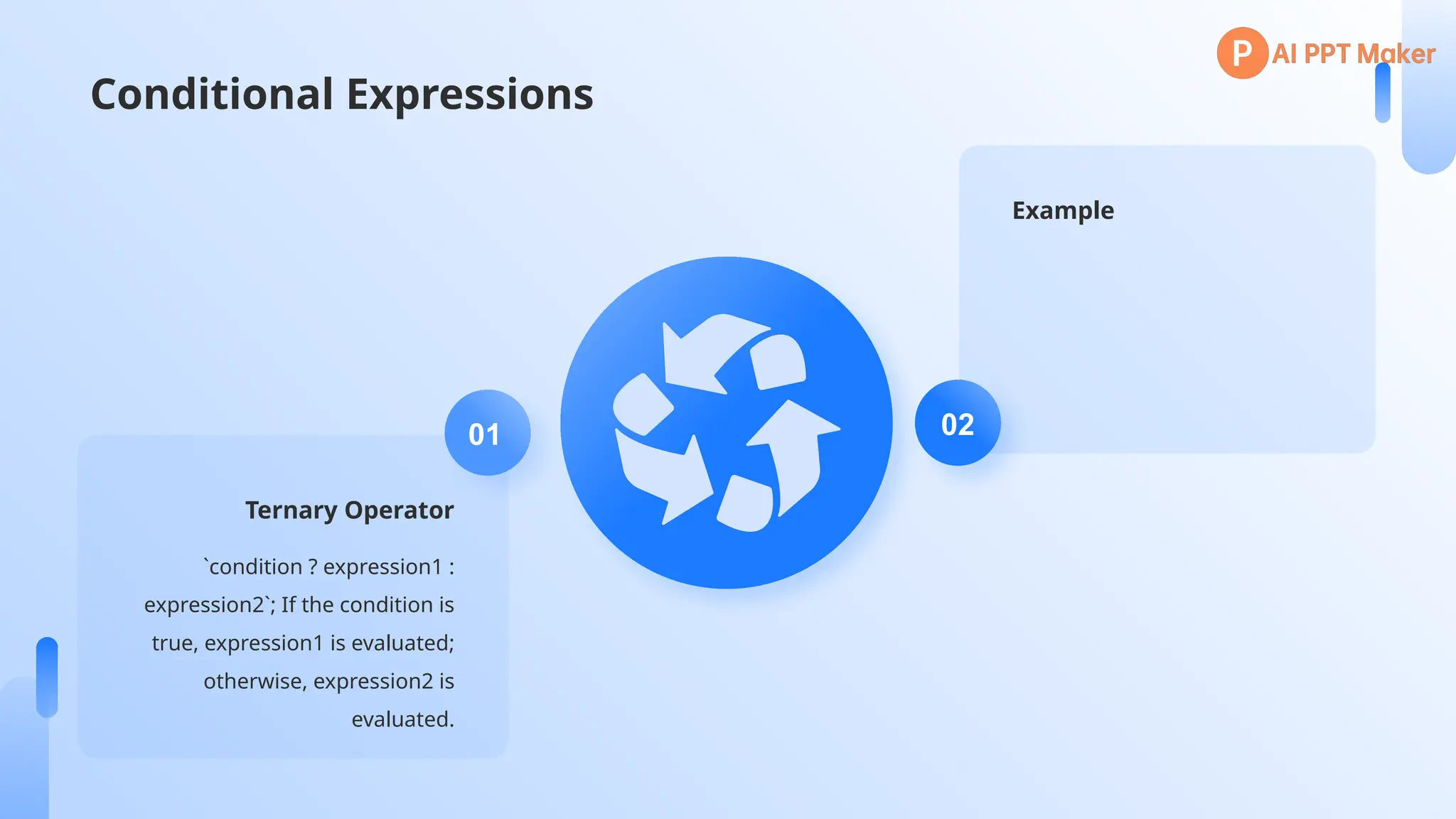 Conditional Expressions
Ternary Operator
`condition ? expression1 :
expression2`; If the condition is
true, expression1 is evaluated;
otherwise, expression2 is
evaluated.
01
Example
02
 